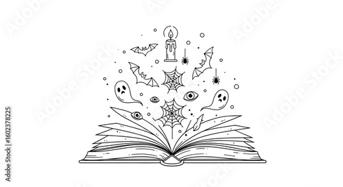 Open spooky book with ghosts, bats, and candles, representing Halloween themes and storytelling