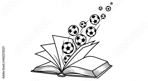 Open book with flying soccer balls, representing sports knowledge and football passion
