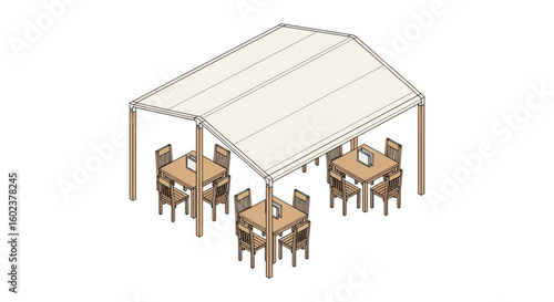 Outdoor seating area with tables and chairs under pergola