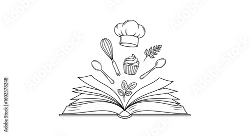 Open cookbook with chef hat, whisk, cupcakes, and utensils, representing culinary creativity and baking
