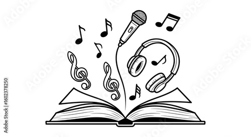 Open book with music notes, headphones, and microphone, representing creativity and artistic expression