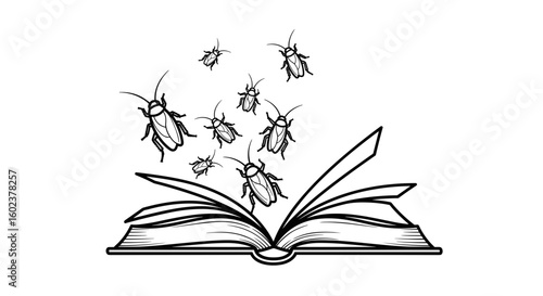 Open book with bugs flying out, eerie mood, minimalist illustration