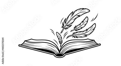 Open book with feathers flying out, whimsical mood, minimalist illustration