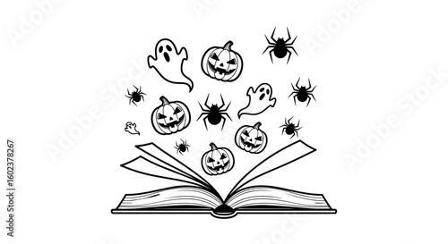 Open book with Halloween ghosts and pumpkins, spooky mood, minimalist illustration