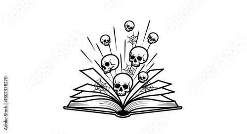 Open book with skulls emerging, dark mood, minimalist illustration
