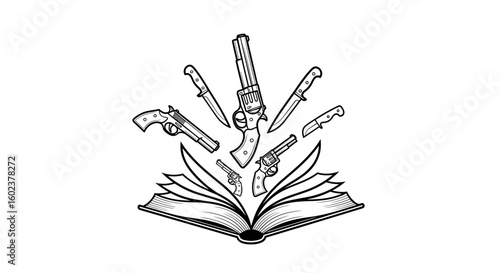 Open detective book with guns and weapons emerging, suspenseful mood, minimalist illustration