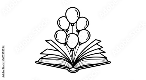 Open book with balloons floating above, celebratory mood, minimalist illustration