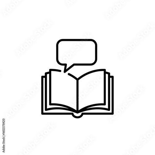 Open book with a speech bubble above it, communicative mood, minimalist illustration