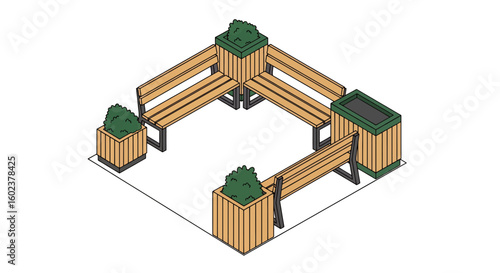 Raised garden seating area with planters and benches
