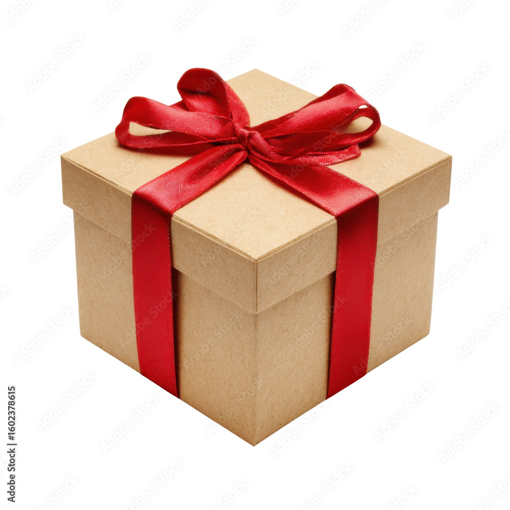Fototapeta premium Kraft gift box with red satin ribbon bow isolated on transparent background