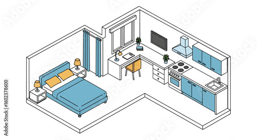 Small apartment interior with bed and kitchen area