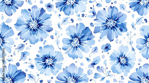 Elegant blue watercolour floral wallpaper pattern, luxurious and delicate blooms, soft, splash
