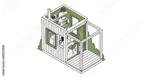 Tiny house interior workspace with kitchenette and deck