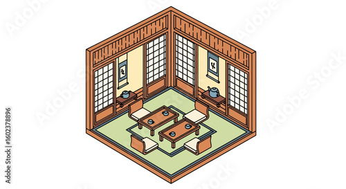 Traditional Japanese Tea Room Interior Flat Style