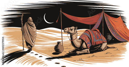 Desert night scene with camel and traveler under crescent moon tent