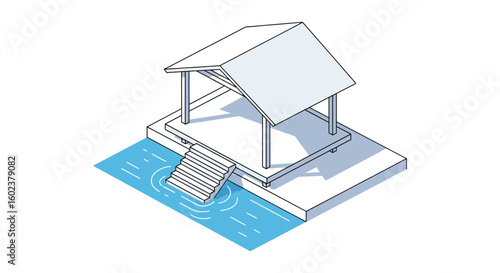 Water platform structure with stairs and roof