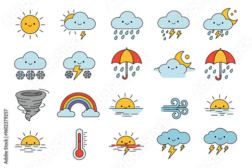 Collection of cute hand drawn weather icons with smiling faces and different weather conditions