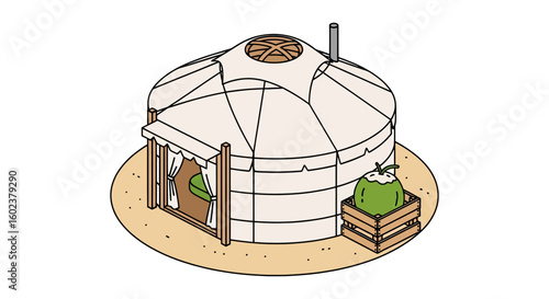 Yurt dwelling with coconut drink in wooden crate