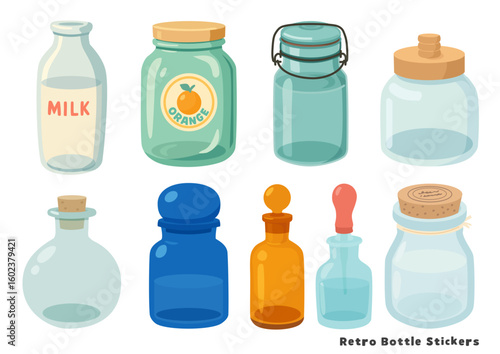 レトロ瓶のステッカーセット、Retro Bottle Sticker Set