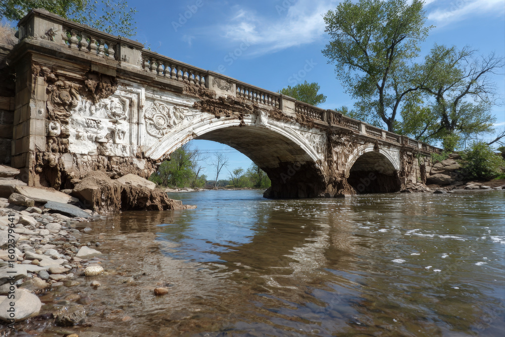 Fototapeta premium Futuristic stone bridge with bacteria repairing damage over a river