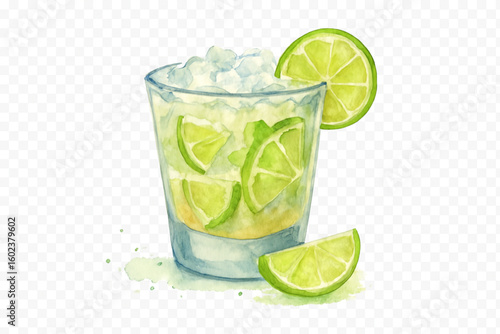 Hand-drawn glass of iced drink with lime slices, garnished with lime wedges, on a transparent background with light splashes.