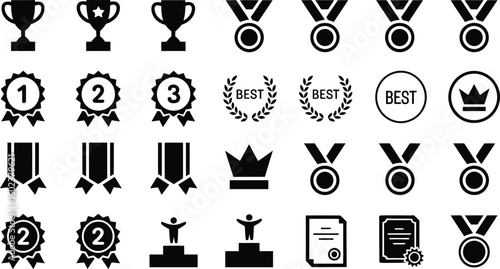 Black Award and Medal Vector Icons Set - Graphic Elements for Achievement and Recognition