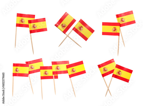 Small paper flag of Spain isolated on white, set