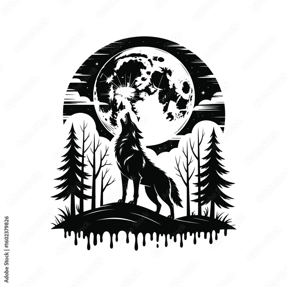 Fototapeta premium Mystical Wolf Howling at Full Moon Silhouette Vector Illustration in a Dark Forest Night Landscape