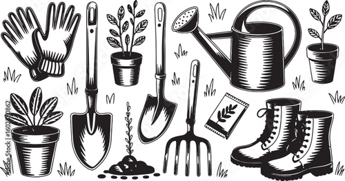 Gardening Tools and Plants Illustration Set with Gloves and Boots