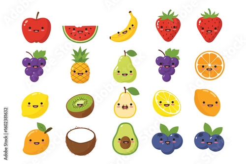 Collection of cute cartoon fruits with happy faces and vibrant colors