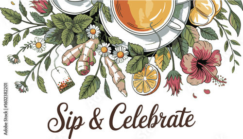 Herbal tea with ginger chamomile hibiscus lemon and mint vector