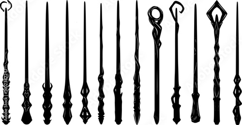 a row of silhouettes of various magic wands, all black against a white background, different designs and sizes