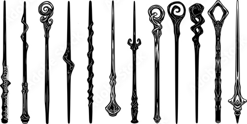 a row of silhouettes of various magic wands, all black against a white background, different designs and sizes