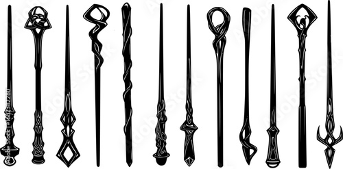 a row of silhouettes of various magic wands, all black against a white background, different designs and sizes