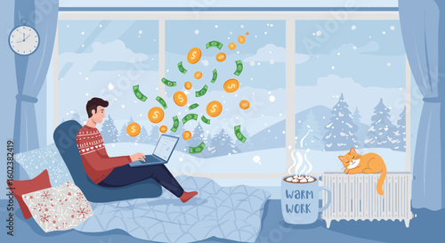 Man earning money online at home on snowy winter day