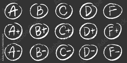 English exam grade mark set. Crayon A, B, C, D, F for examination. Circle grade score symbol. School teacher test. Vector handwritten scribble red marker academic symbols on chalkboard
