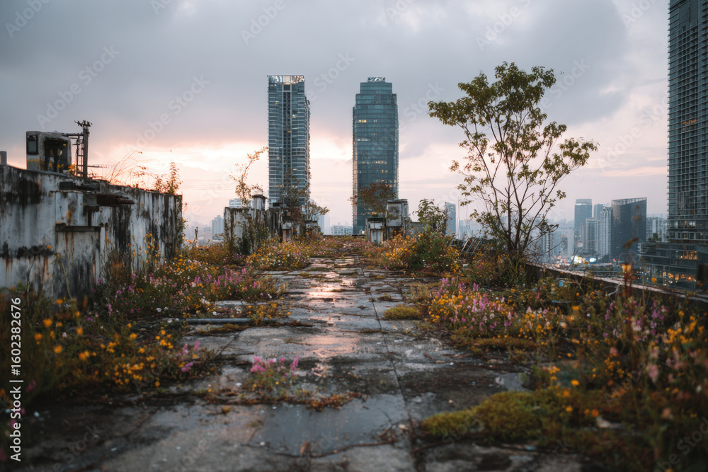 Obraz premium Concrete rooftop with wild grass and small trees among industrial structures and glass skyscrapers