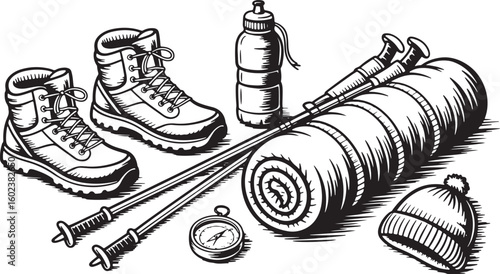 Hiking gear including boots poles water bottle sleeping bag hat and compass camping outdoor