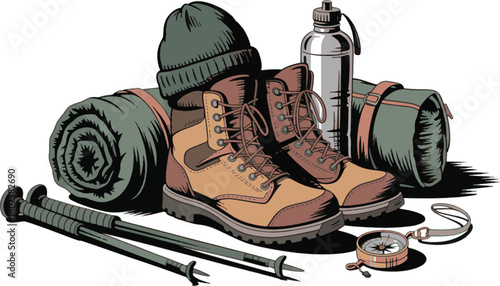 Hiking boots sleeping bag water bottle compass trekking poles vector