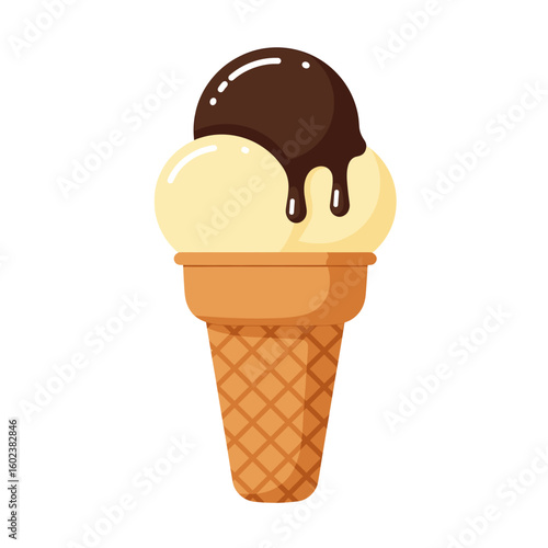 Ice cream cone with chocolate topping flat illustration