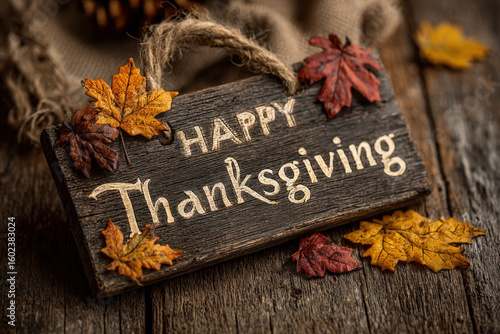 Rustic wooden sign with happy thanksgiving text and colorful autumn leaves