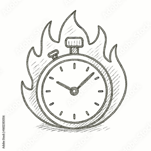 Stopwatch on fire sketch symbolizing urgency