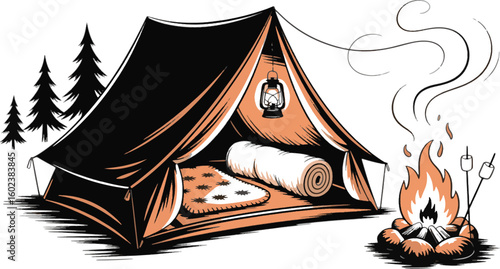 Orange tent with campfire and marshmallows camping trees