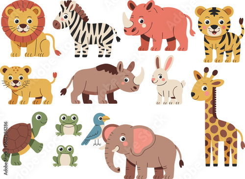 Cartoon animals including lion, zebra, elephant, giraffe, rhino, tiger, rabbit, turtle, frogs, and bird—ideal for kids and education