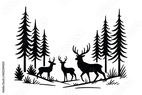 Deer in conifer forest silhouette style vector illustration

