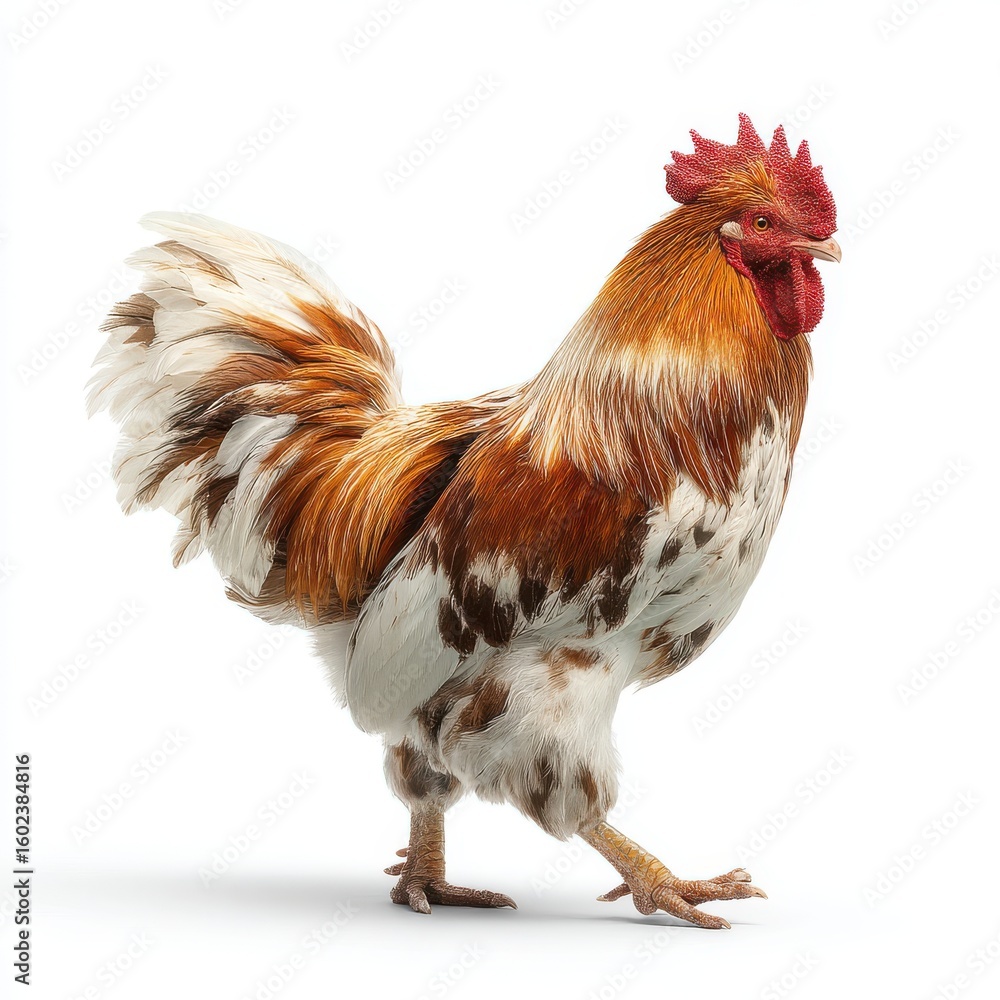 Fototapeta premium Beautiful rooster with brown and white feathers isolated on white background