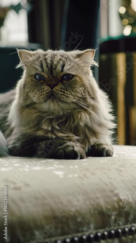 A Fluffy Persian Cat with a Grumpy but Cute Expression Lounging on a Luxurious Couch in an Elegant Home