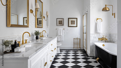 Chic black and white bathroom, bold checkerboard floor, brass hardware, vintage wall lights