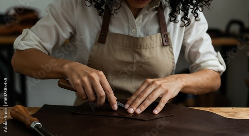 Woman crafting leather goods while working at a workshop table  