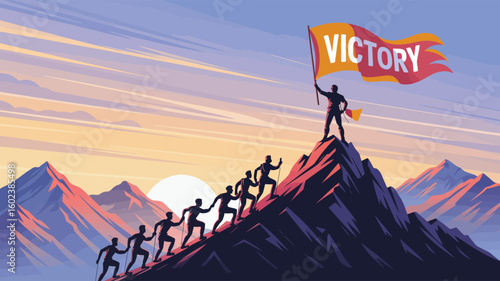 Business team climbs mountain with leader holding VICTORY flag at sunrise, symbolizing teamwork, perseverance, success, and leadership achievement